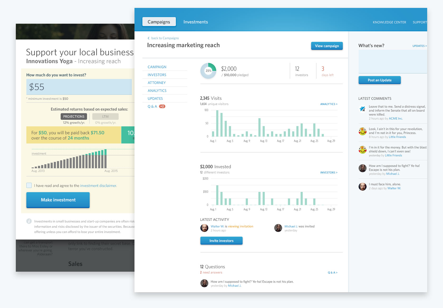 Bolstr web app screenshots
